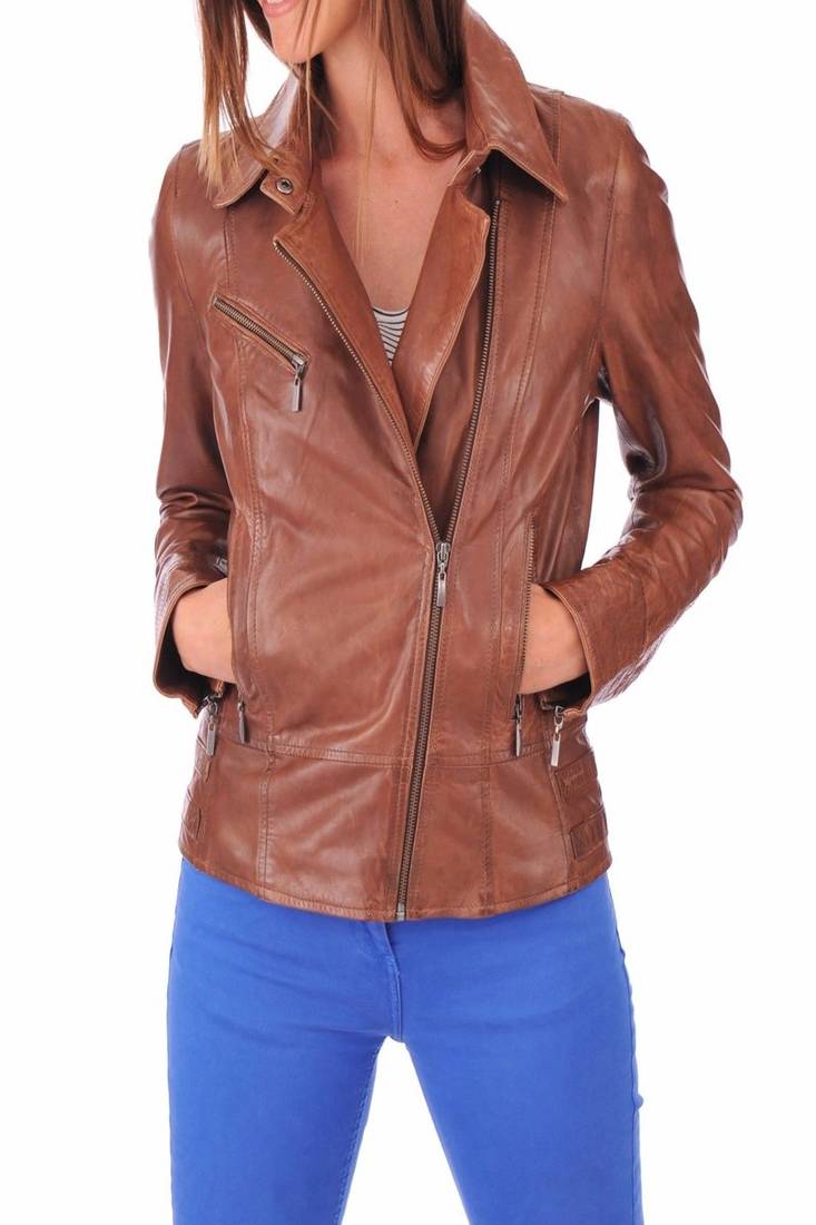 Women’s genuine lambskin brown leather biker jacket slim fit designer motorcycle-c114