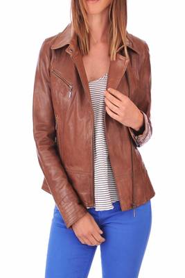 women's brown lambskin leather biker jacket classic moto zip style elegant 2