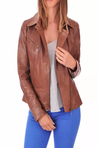 women's brown lambskin leather biker jacket classic moto zip style elegant