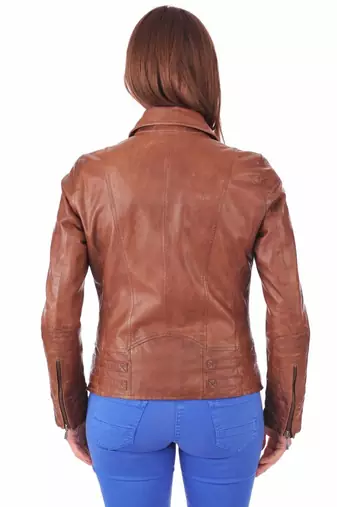 women's brown lambskin leather biker jacket classic moto zip style elegant
