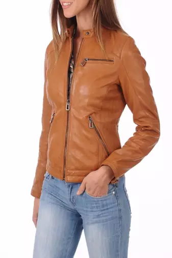 Women’s genuine lambskin brown leather biker jacket slim fit designer motorcycle-c115