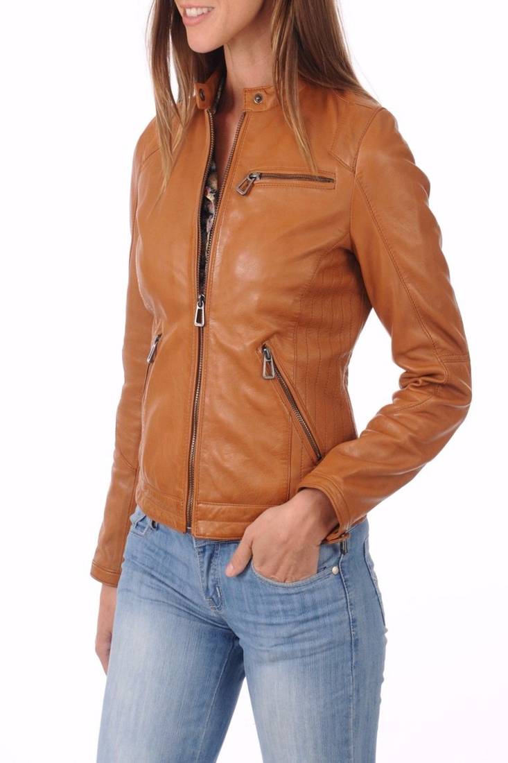 Women’s genuine lambskin brown leather biker jacket slim fit designer motorcycle-c115