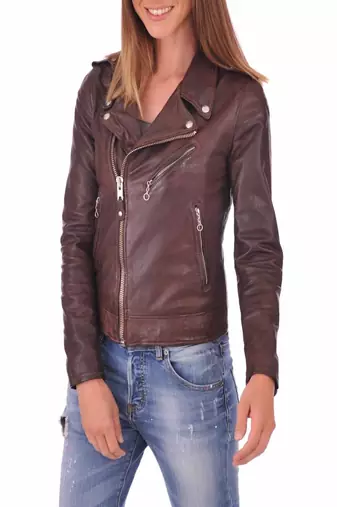 Women’s genuine lambskin brown leather biker jacket slim fit designer motorcycle
