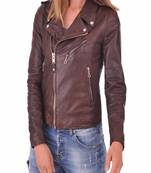 women's brown lambskin leather biker jacket classic moto zip style classic