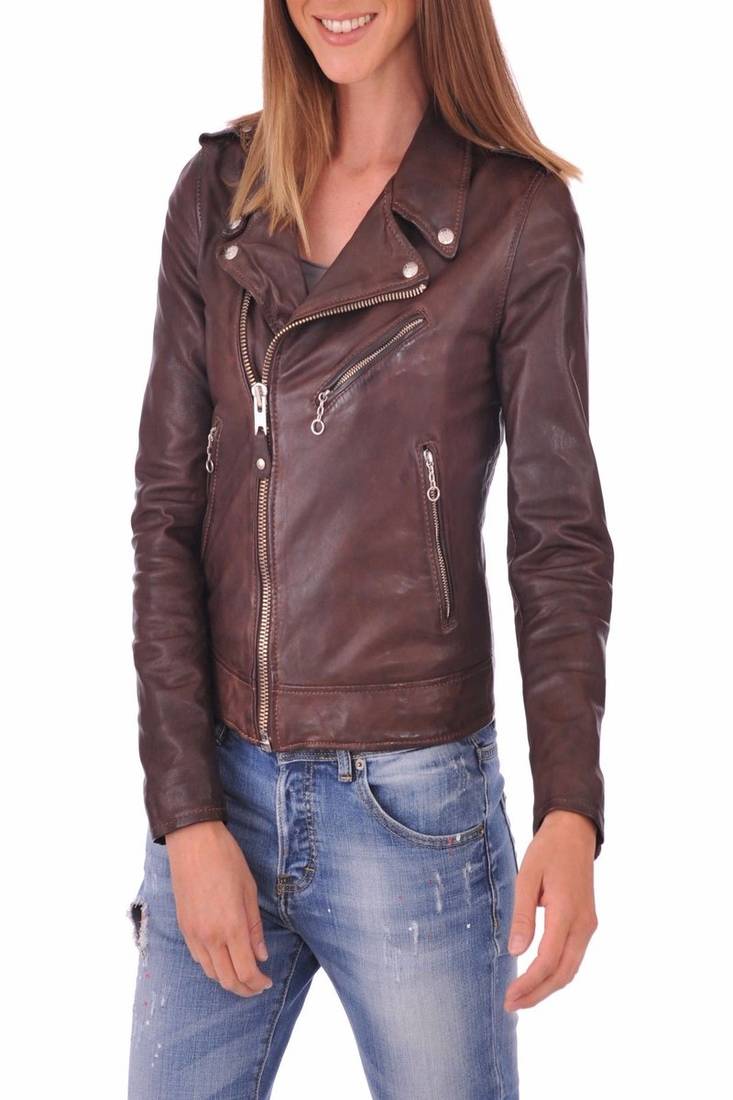 Women’s genuine lambskin brown leather biker jacket slim fit designer motorcycle