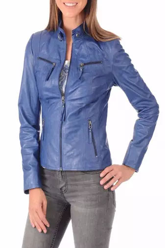 Women’s genuine lambskin blue leather biker jacket slim fit designer motorcycle-c117