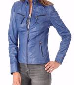 women's blue lambskin leather biker jacket classic moto zip style premium