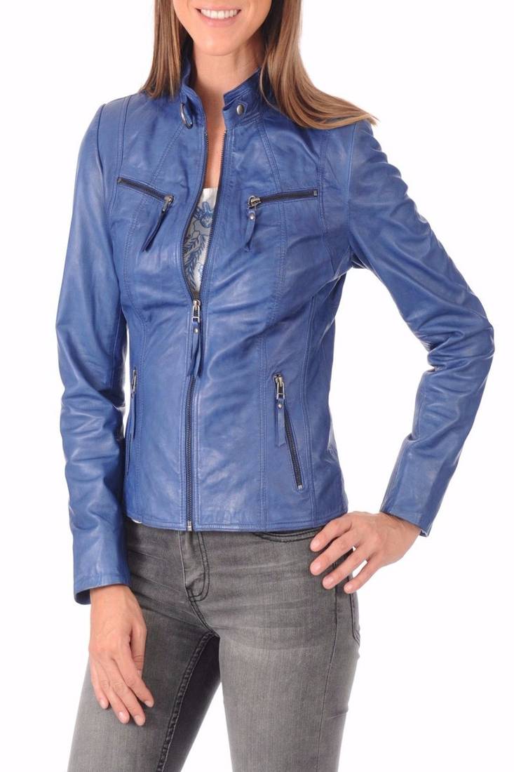 Women’s genuine lambskin blue leather biker jacket slim fit designer motorcycle-c117