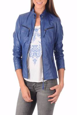women's blue lambskin leather biker jacket classic moto zip style premium 2