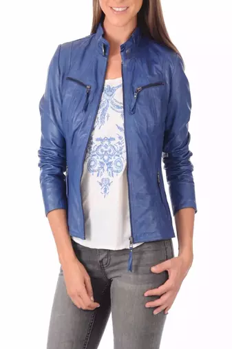 women's blue lambskin leather biker jacket classic moto zip style premium