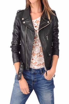 women's black lambskin leather biker jacket classic moto zip style premium high quality 2