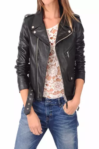 women's black lambskin leather biker jacket classic moto zip style premium high quality