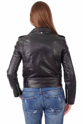 women's black lambskin leather biker jacket classic moto zip style premium high quality 3