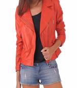 women's orange lambskin leather biker jacket classic moto zip style