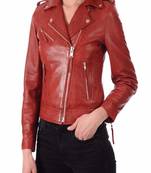 women's red lambskin leather biker jacket classic moto zip style authentic