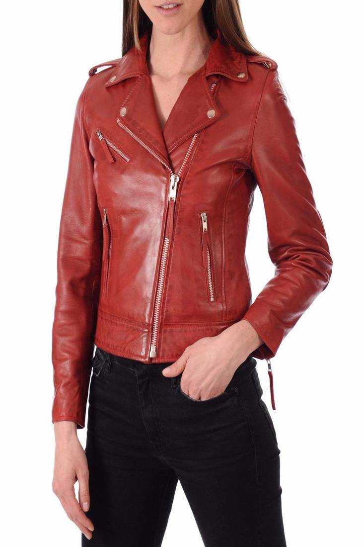 Women’s genuine lambskin red leather biker jacket slim fit designer motorcycle-c121