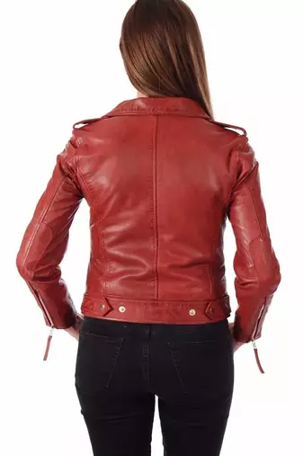women's red lambskin leather biker jacket classic moto zip style authentic