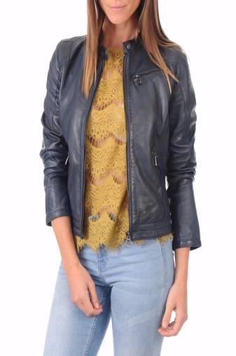 Women’s genuine lambskin navy blue leather biker jacket slim fit designer motorcycle-c122