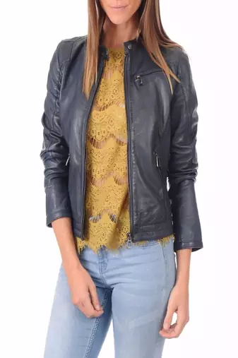 Women’s genuine lambskin navy blue leather biker jacket slim fit designer motorcycle-c122