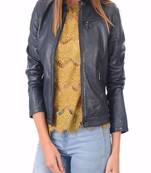 women's navy blue lambskin leather biker jacket classic moto zip style