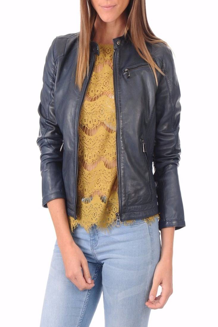 Women’s genuine lambskin navy blue leather biker jacket slim fit designer motorcycle-c122