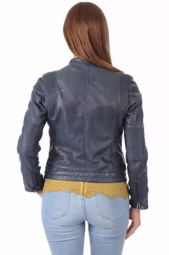 women's navy blue lambskin leather biker jacket classic moto zip style