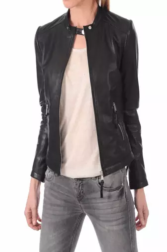 Women’s genuine lambskin black leather biker jacket slim fit designer motorcycle-c123