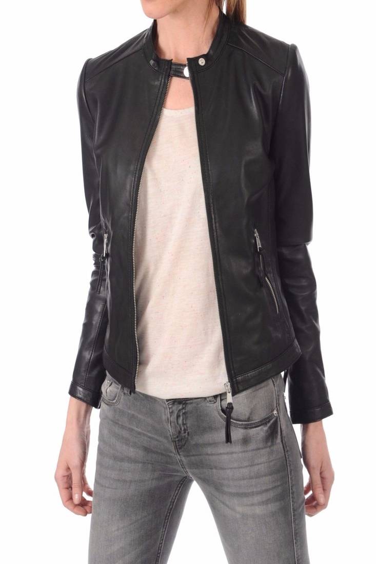 Women’s genuine lambskin black leather biker jacket slim fit designer motorcycle-c123