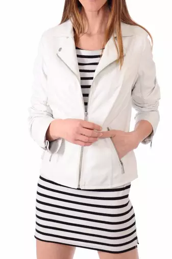 Women’s genuine lambskin white leather biker jacket slim fit designer motorcycle-c124