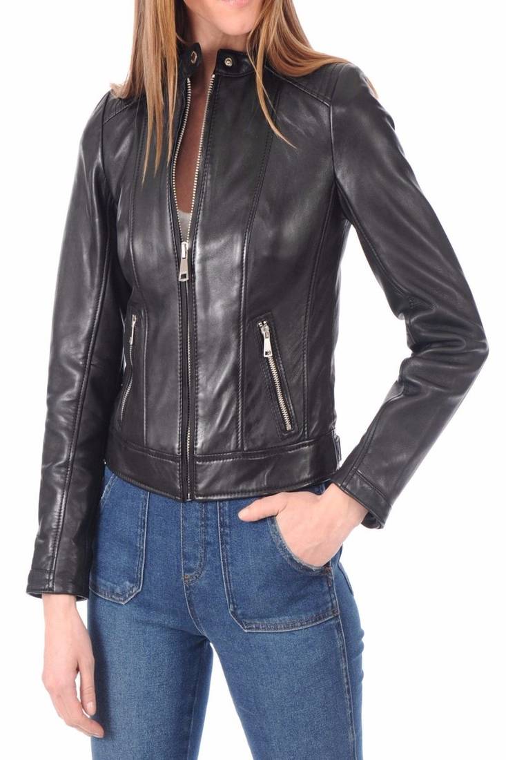 Womens genuine lambskin leather motorcycle slim fit designer ladies biker jacket-c127