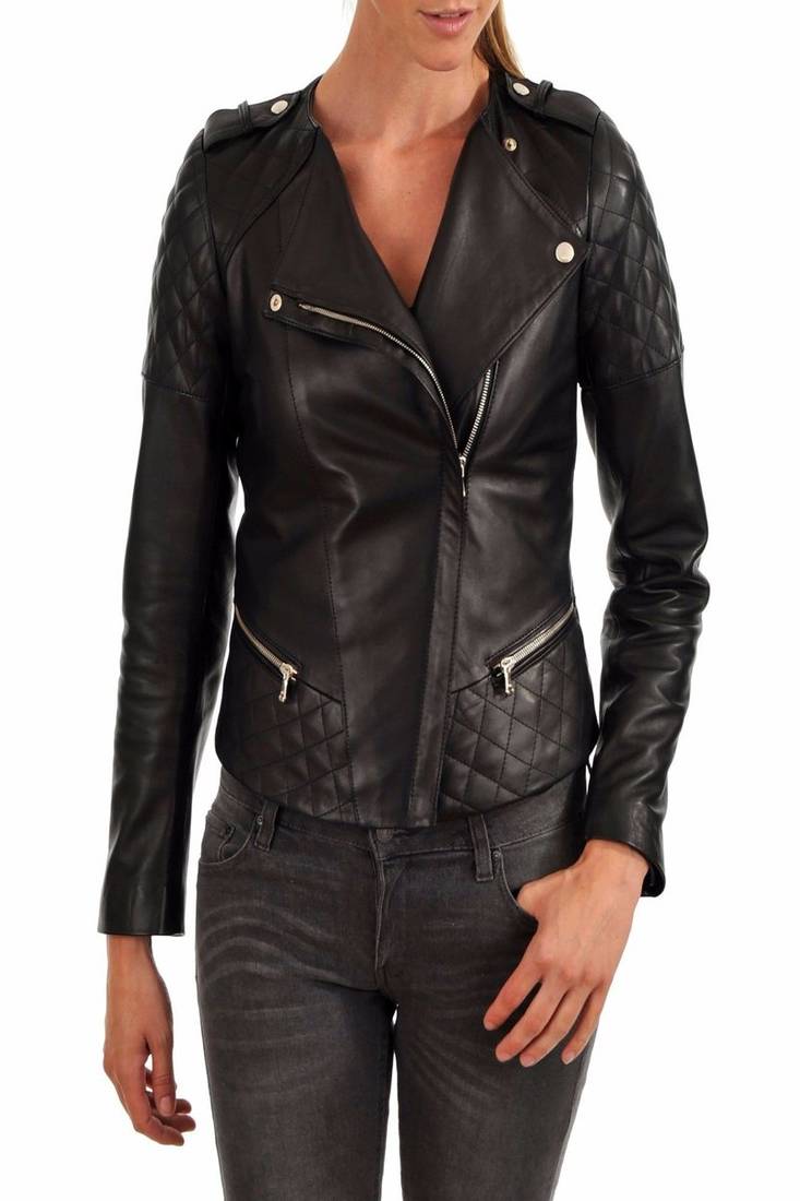 Womens genuine lambskin leather motorcycle slim fit designer ladies biker jacket-c128