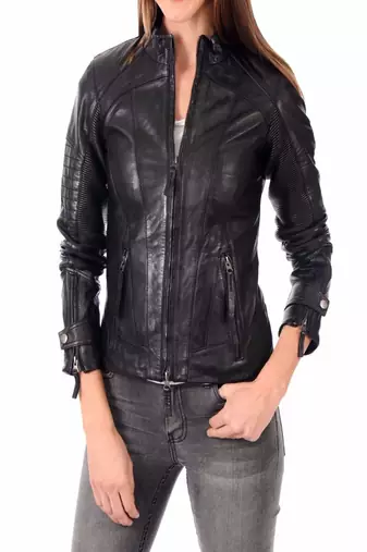 Womens genuine lambskin leather motorcycle slim fit designer ladies biker jacket-c130