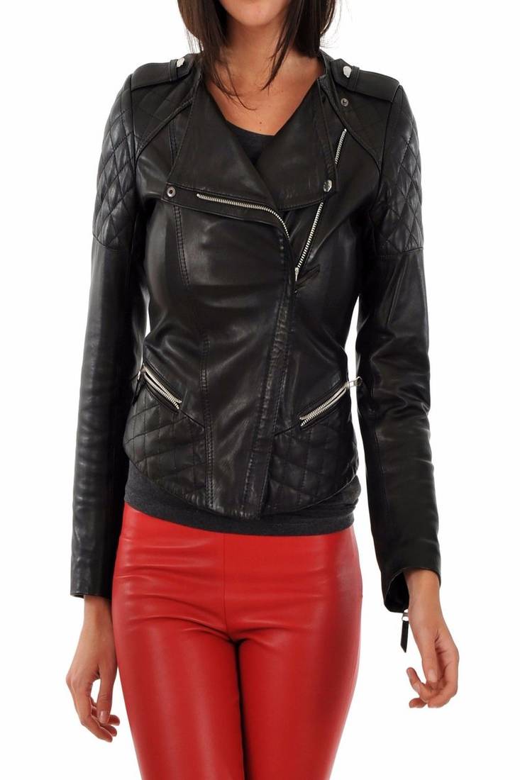 Womens genuine lambskin leather motorcycle slim fit designer ladies biker jacket-c131
