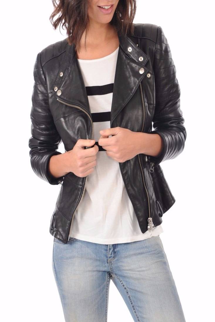 Womens genuine lambskin leather motorcycle slim fit designer ladies biker jacket-c133