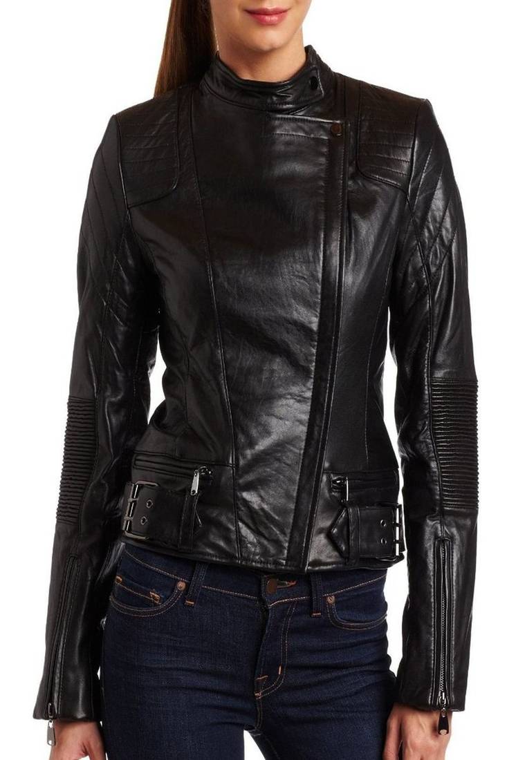Womens genuine lambskin leather motorcycle slim fit designer ladies biker jacket-c134