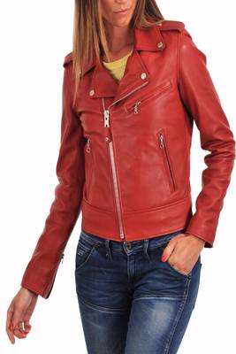 women's red lambskin leather biker jacket classic moto zip style genuine 1