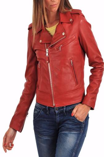 Womens genuine lambskin red leather motorcycle slim fit designer ladies biker jacket-c135