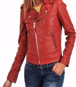 women's red lambskin leather biker jacket classic moto zip style genuine