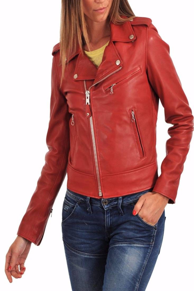 Womens genuine lambskin red leather motorcycle slim fit designer ladies biker jacket-c135