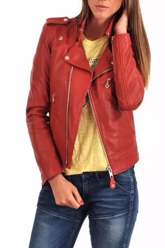 women's red lambskin leather biker jacket classic moto zip style genuine