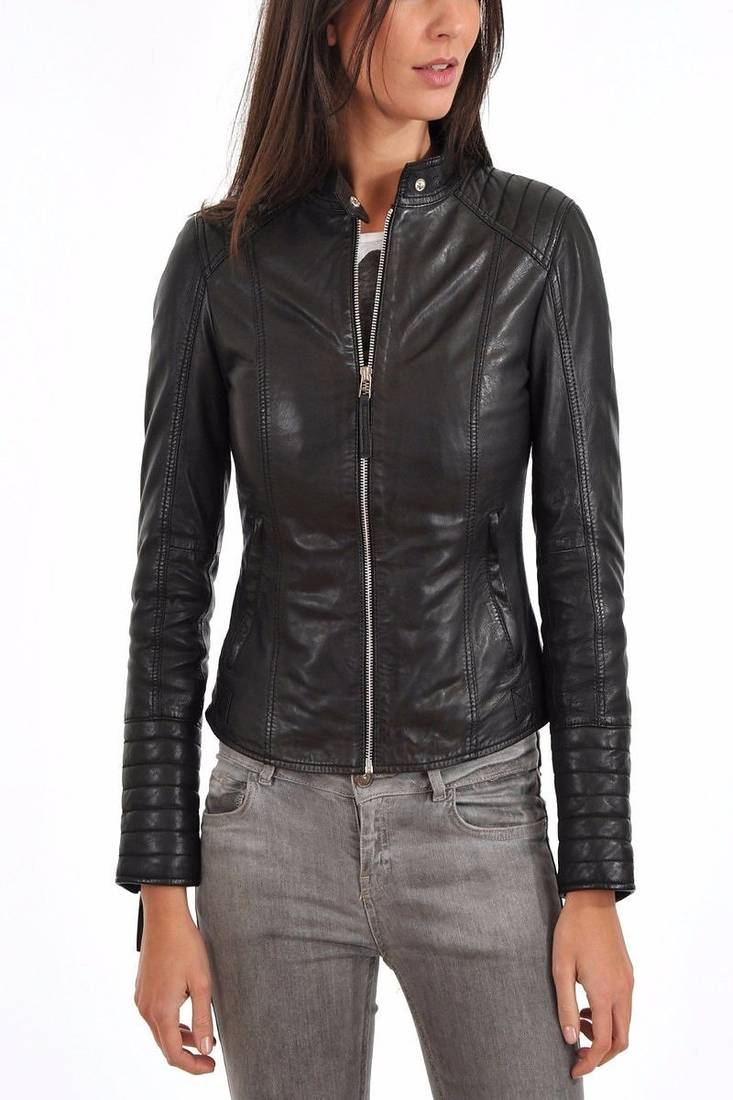 Womens genuine lambskin black leather motorcycle slim fit designer ladies biker jacket-c137