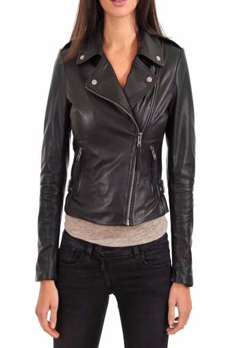 Womens genuine lambskin black leather motorcycle slim fit designer ladies biker jacket-c138