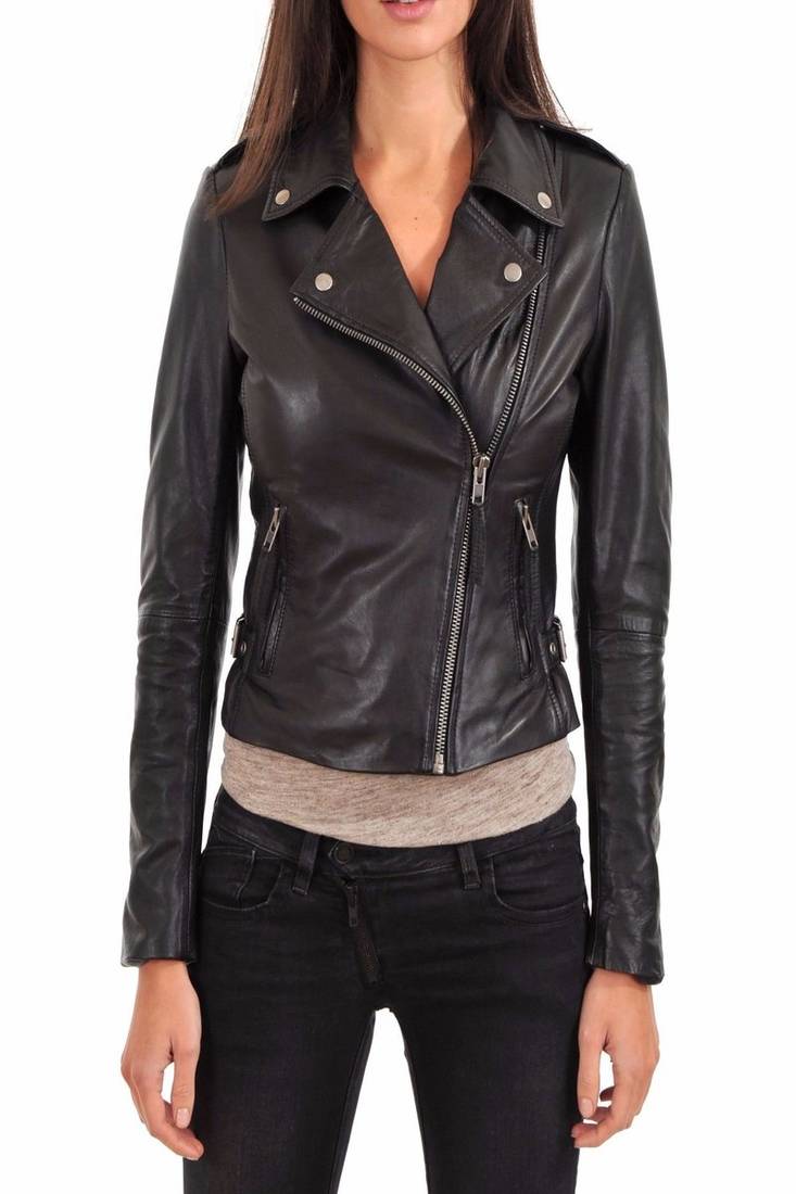 Womens genuine lambskin black leather motorcycle slim fit designer ladies biker jacket-c138