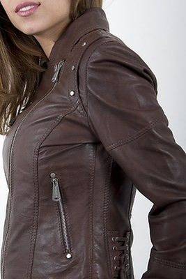 women's brown lambskin leather biker jacket classic moto zip style versatile 2