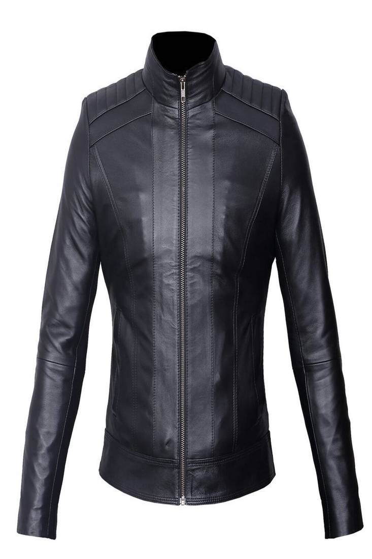 Womens genuine lambskin black leather motorcycle slim fit designer ladies biker jacket-c141