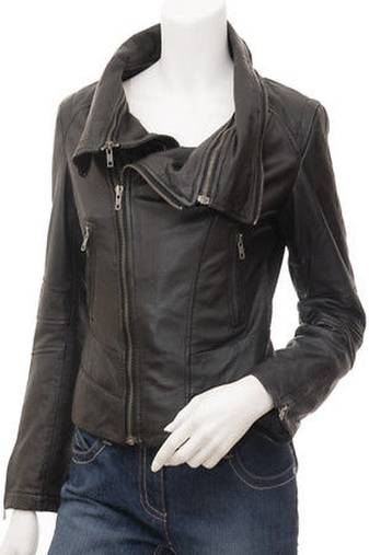 Womens genuine lambskin black leather motorcycle slim fit designer ladies biker jacket-c142