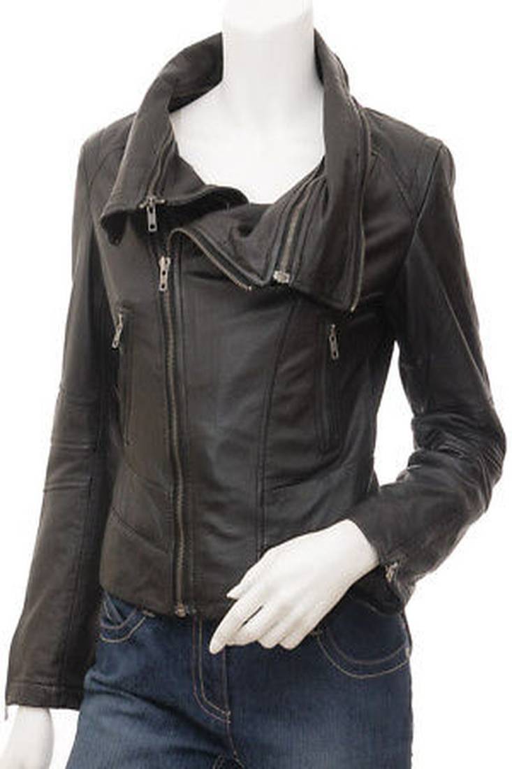 Womens genuine lambskin black leather motorcycle slim fit designer ladies biker jacket-c142
