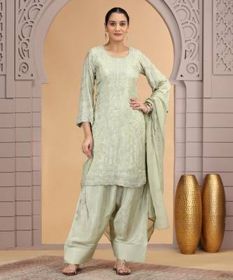 Green satin silk kurta set with farsi pant style & dupatta 4