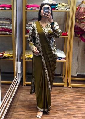 mehendi embroidered silk blend saree with koti set 1