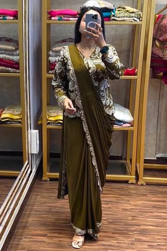 Mahendi Color  Embroidery Work silk Saree